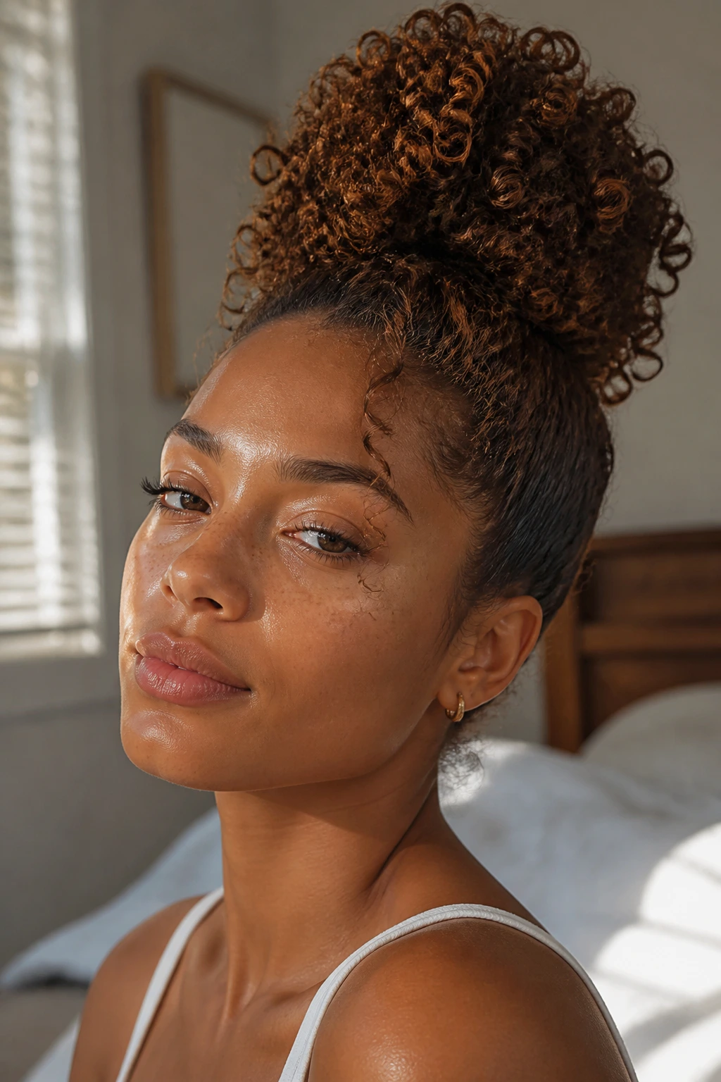 Close-up of a woman with a voluminous pineapple bun and blooming curls
