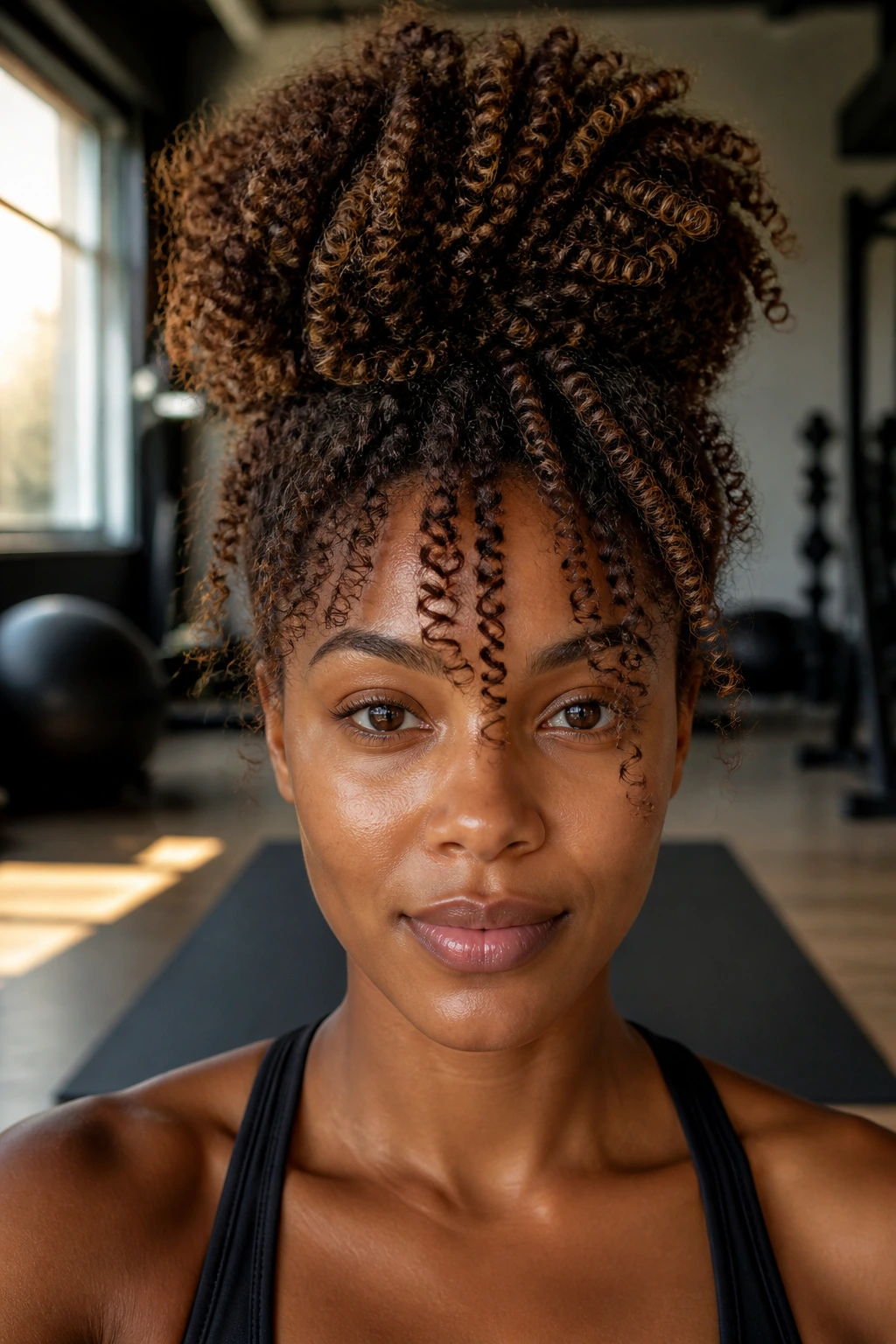 Close-up of a real woman with a pineapple bun during workout.