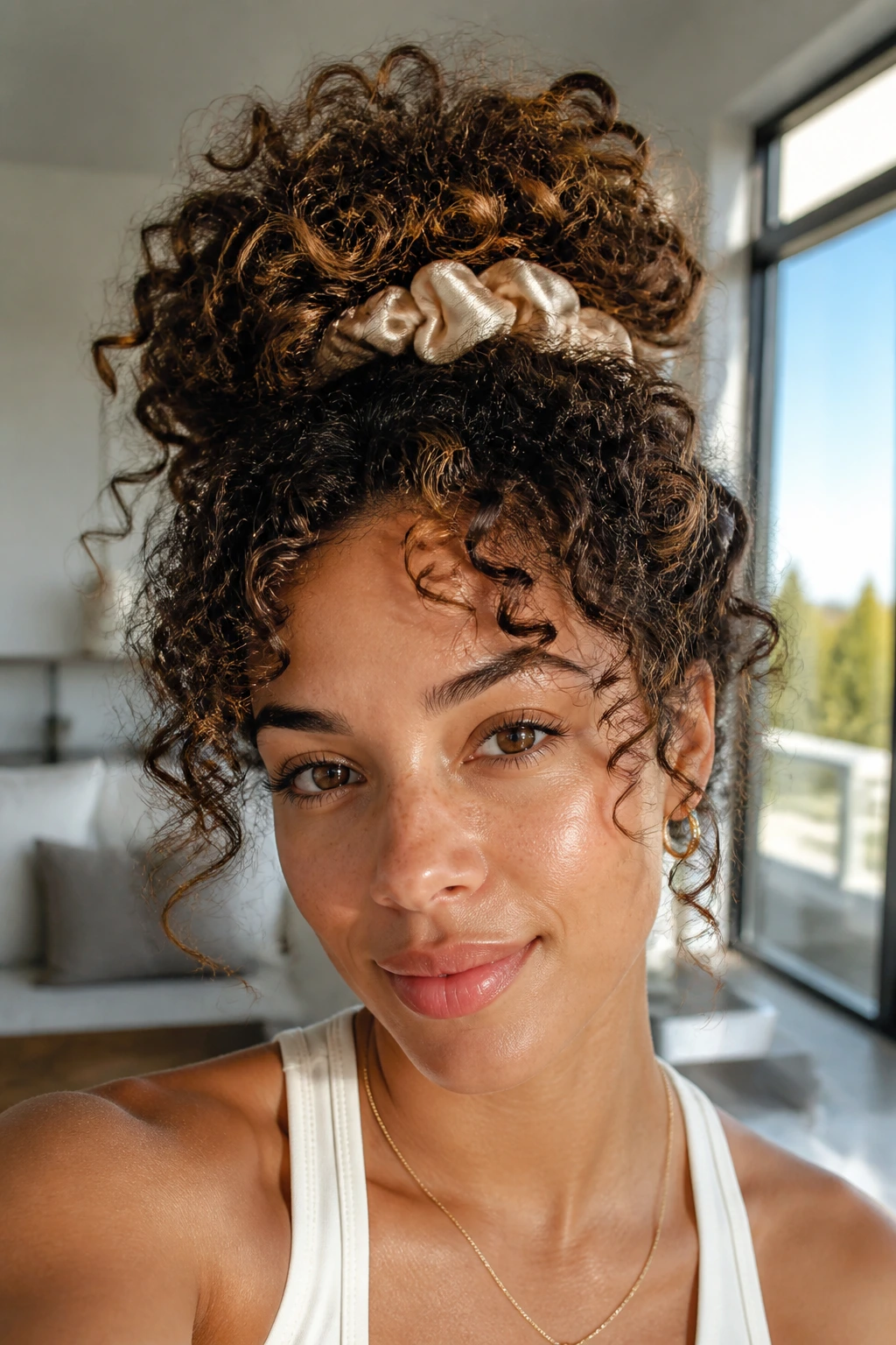 Portrait of woman with high pineapple bun and crown volume