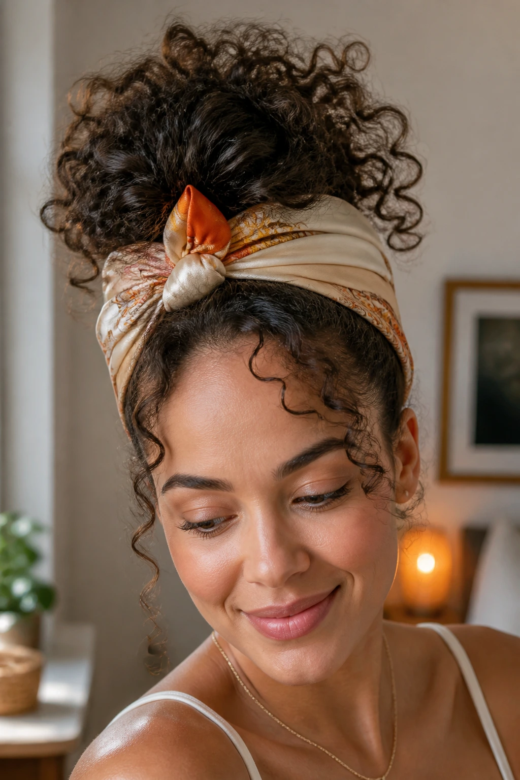 Portrait of person with high pineapple bun and silk scarf