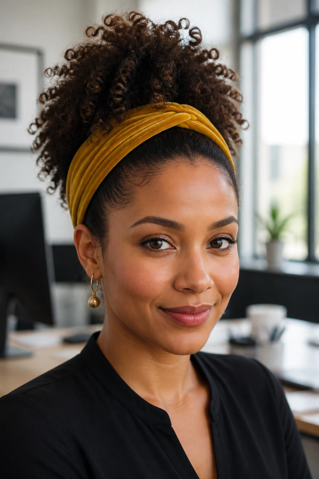 Portrait of a real woman with a pineapple style and mustard velvet band in an office