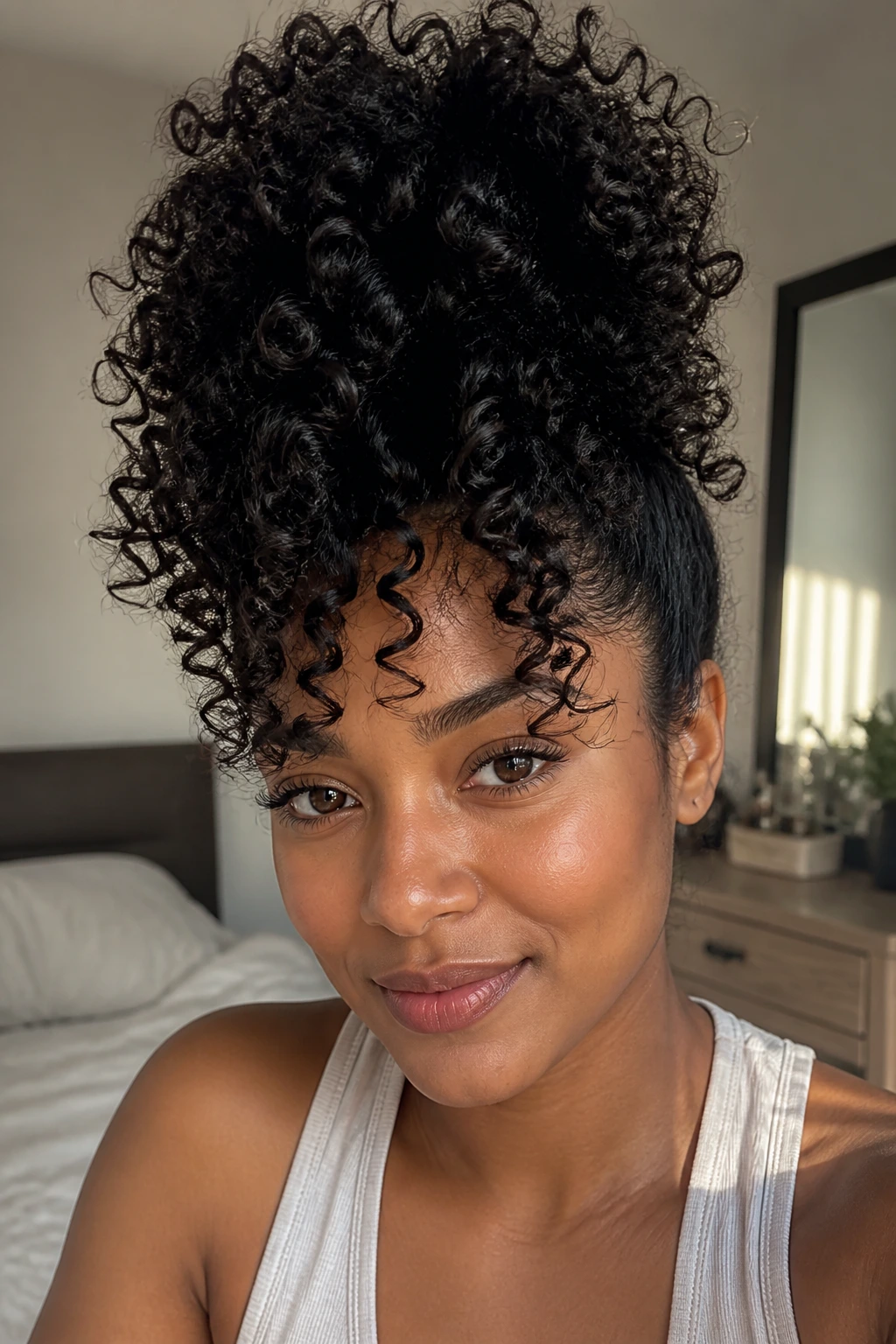Close-up of a real woman with a pineapple-style updo for natural curls