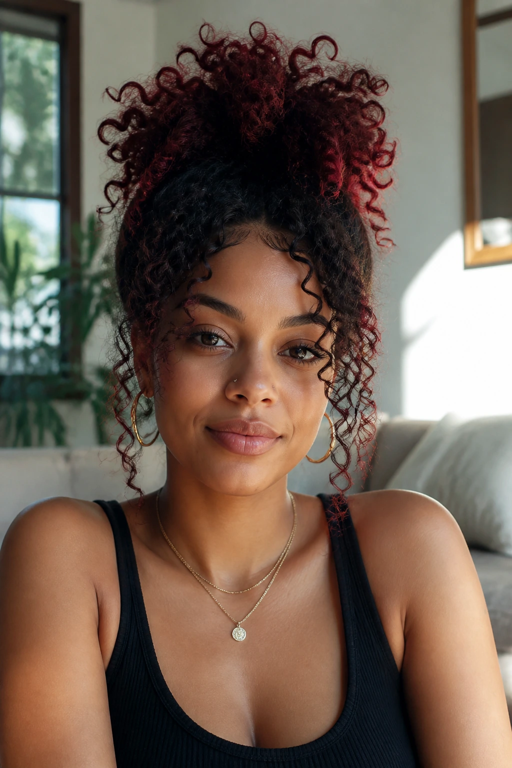 Close-up of a real woman with a high pineapple updo on curly hair and red crown tips