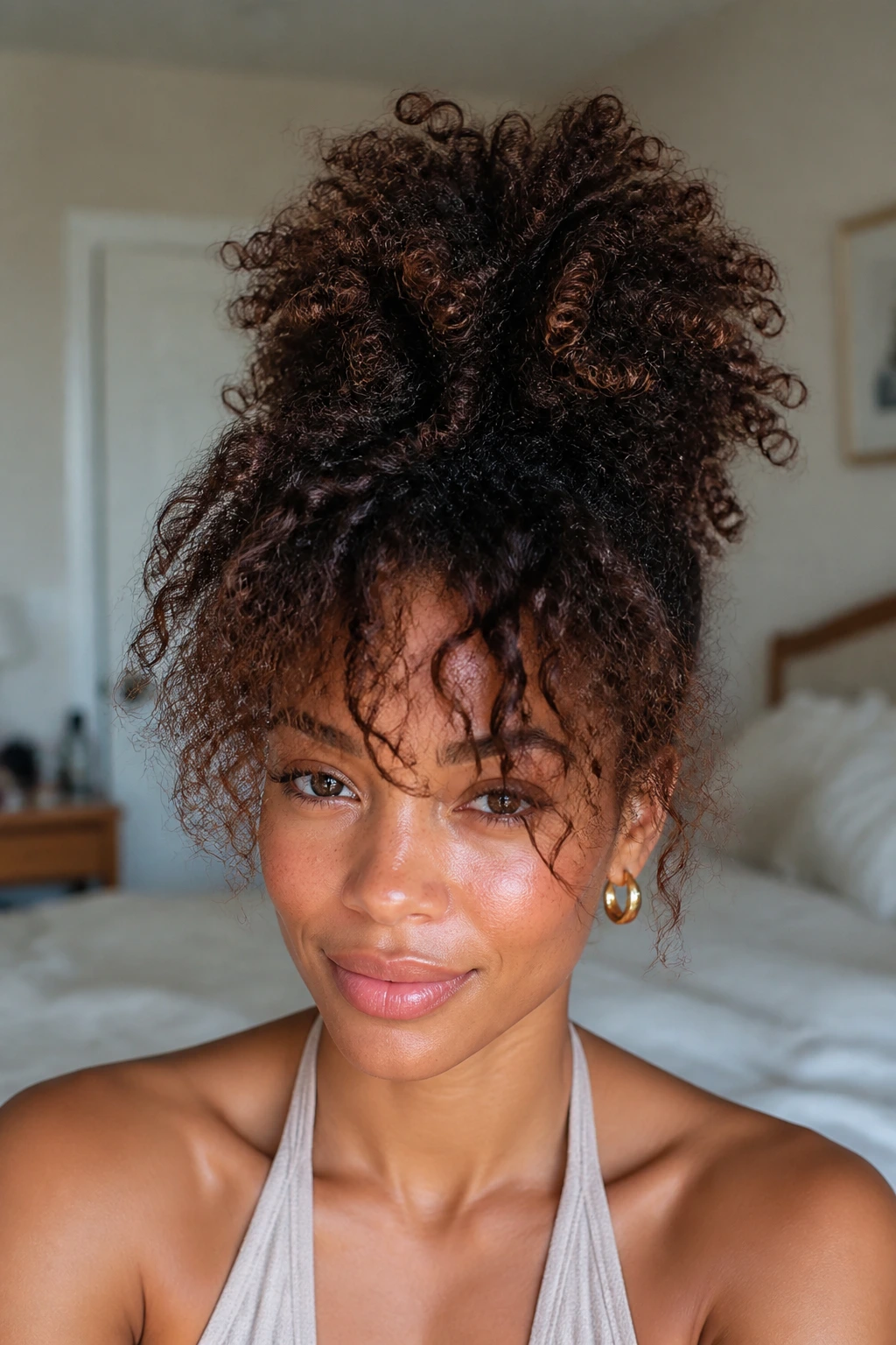 Close-up of a person with a pineapple-style updo and fringe spilling forward.