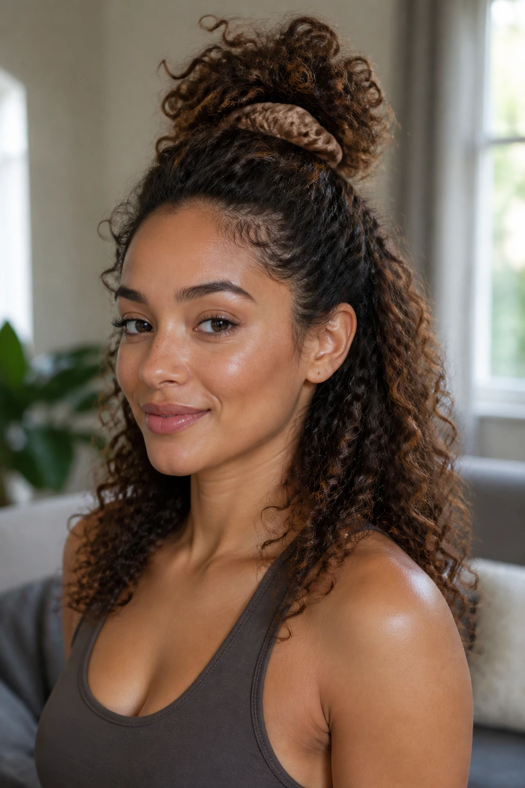 Close-up of a real woman with the top half pinned into a pineapple bun