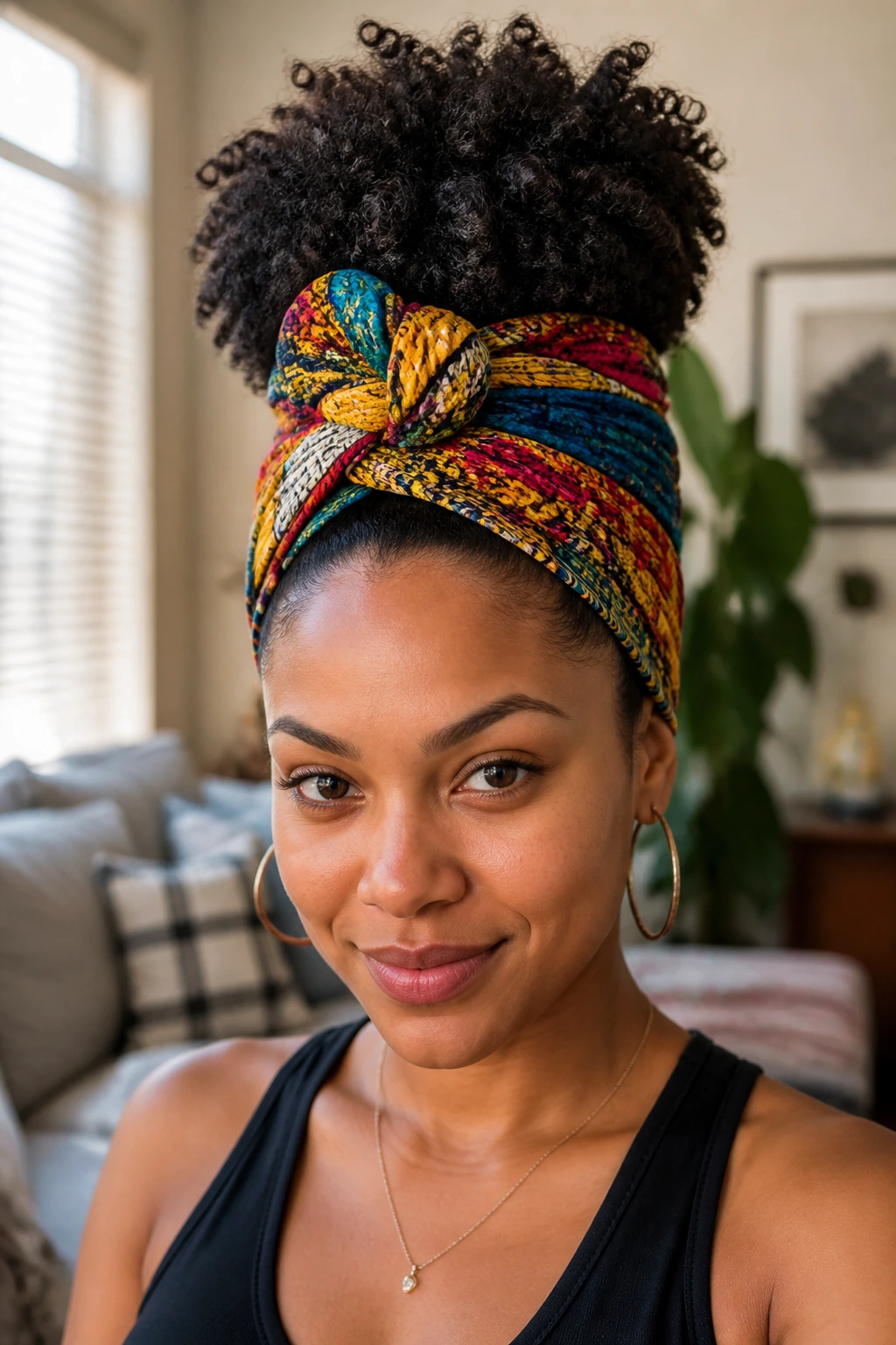 Close-up of a woman with a pineapple updo and bold headwrap