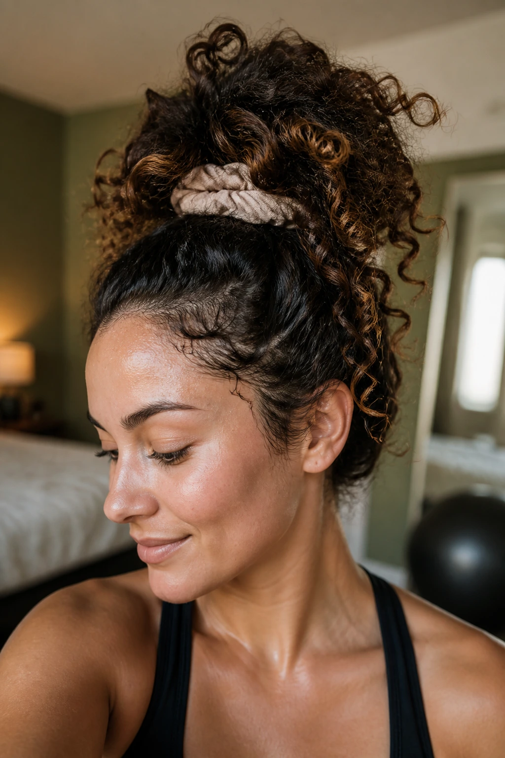 Real woman with high pineapple hairstyle for curls