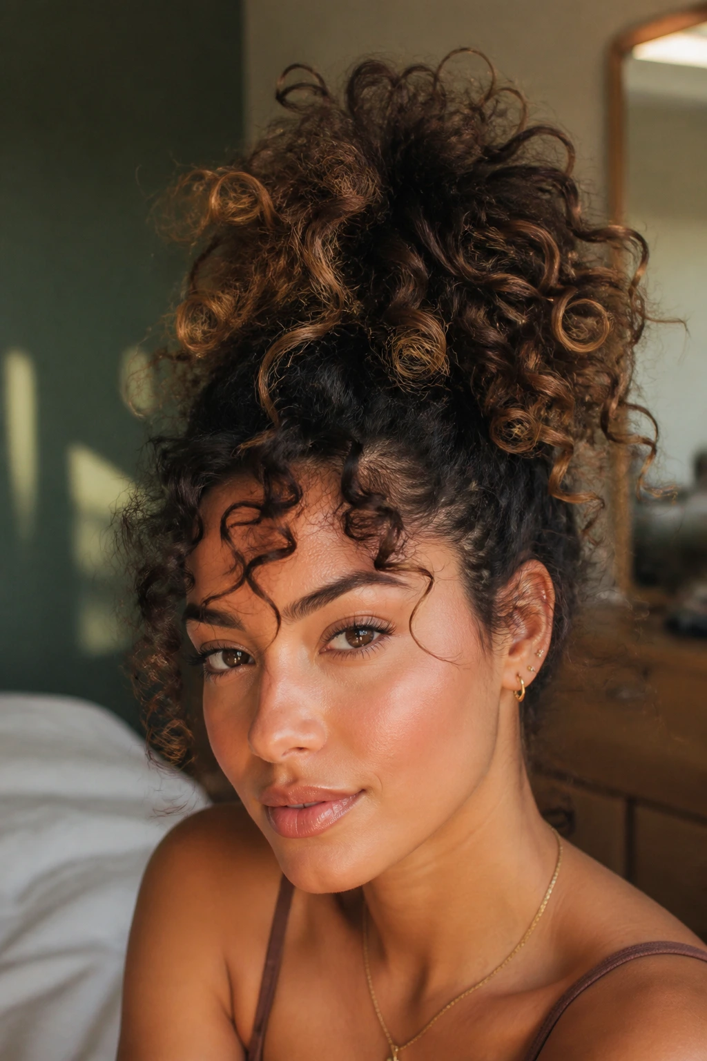 Close-up of a real woman with a loose high pineapple pony hairstyle.