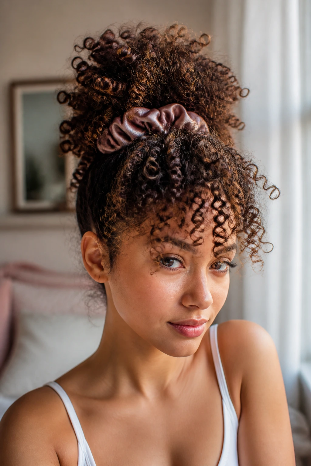 Close-up of a real woman showing a high pineapple ponytail with satin scrunchie