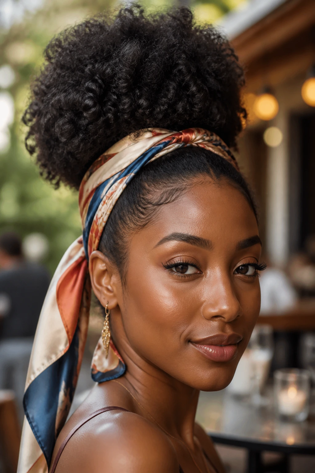 Close-up of real person with scarf-wrapped pineapple puff in outdoor cafe light
