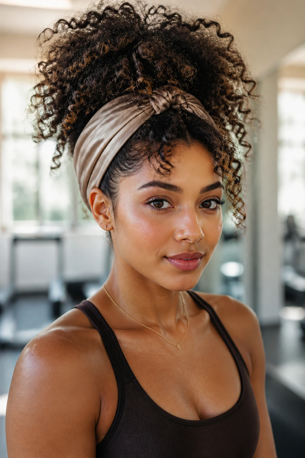 Portrait of a woman with a high-volume pineapple and silk wrap highlighting curl protection.
