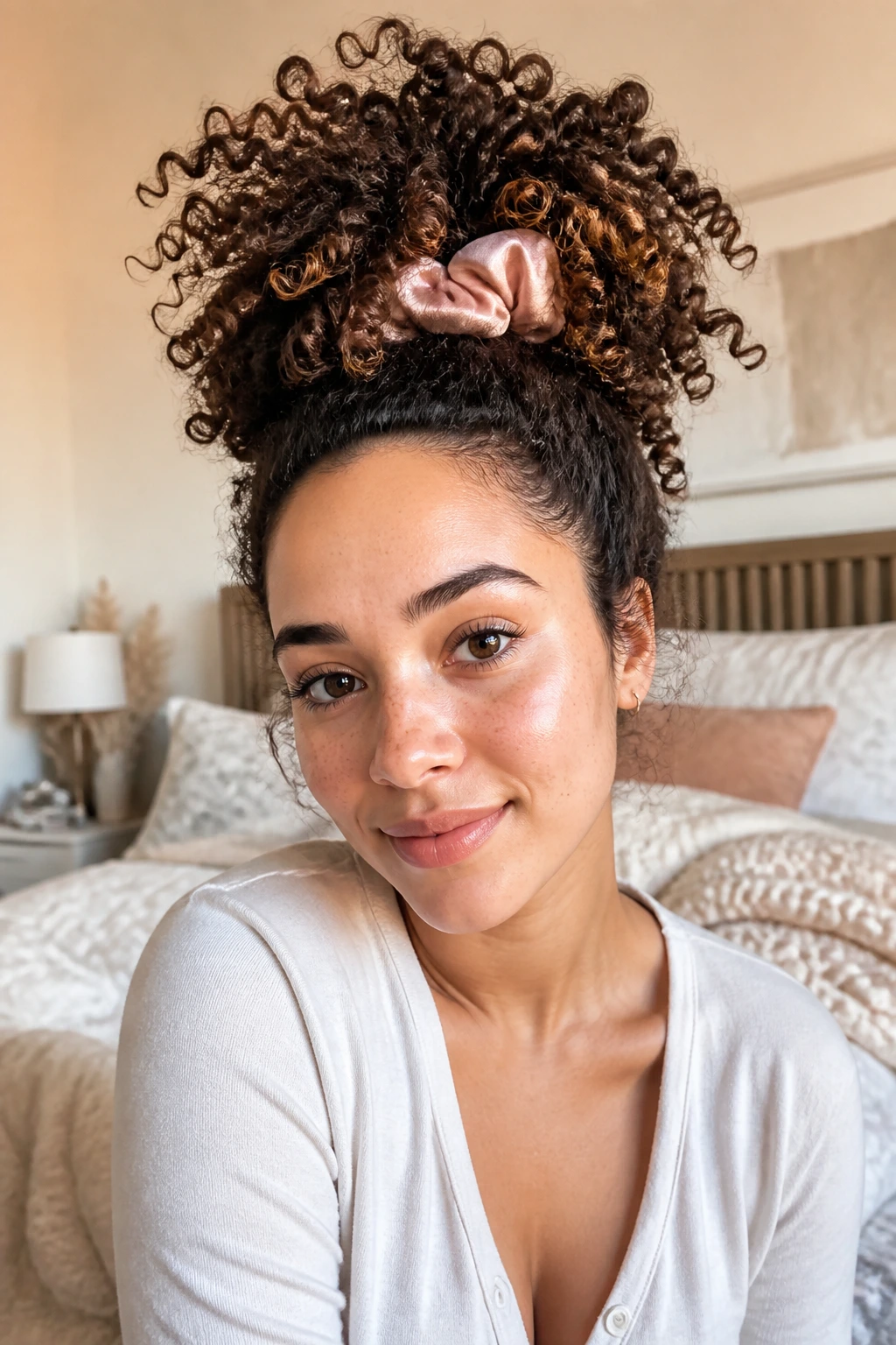 Close-up of a real woman with a pineapple updo and curls fanning at the top