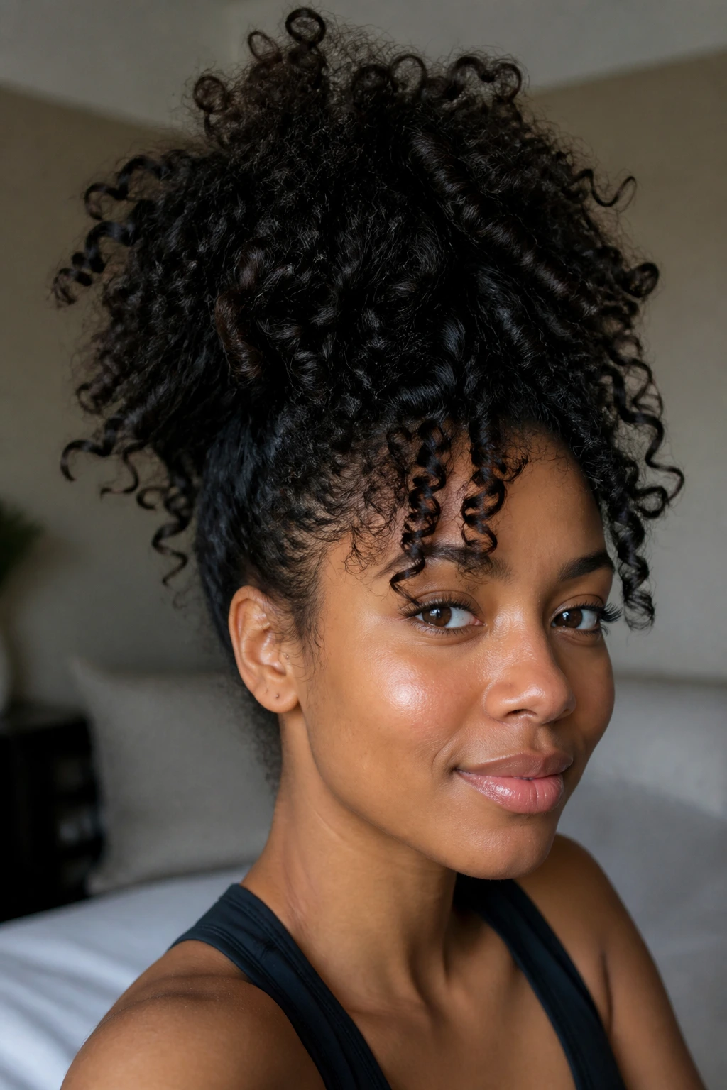 Close-up of real woman with pineapple updo for natural curls in a bright bedroom