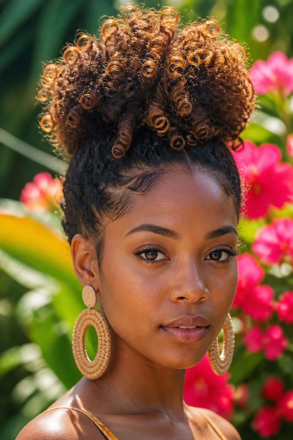 Close-up of a real woman with a pineapple updo in bright outdoor light