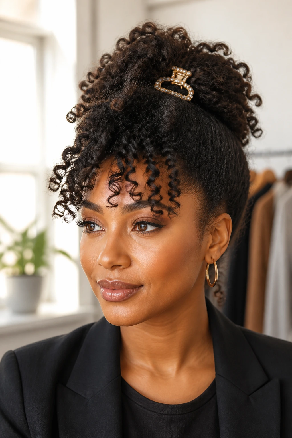 Close-up of a real woman with a pineapple updo and a large decorative clip