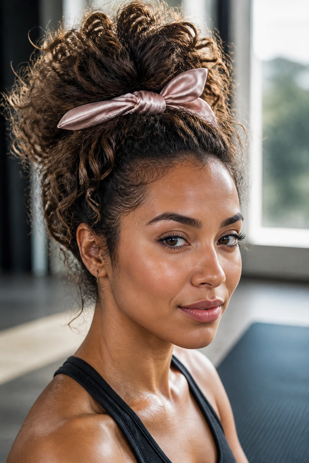 Pineapple updo for curly hair with satin tie on a real person during workout