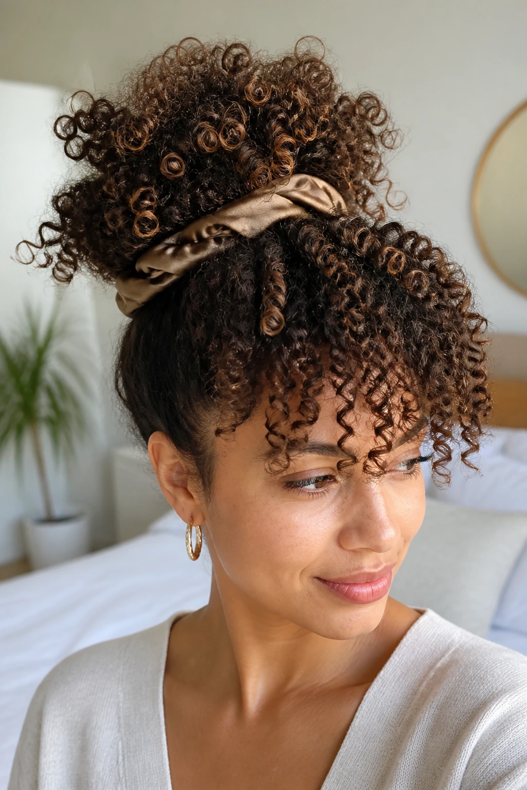 Close-up of a real woman with a pineapple updo for curly hair