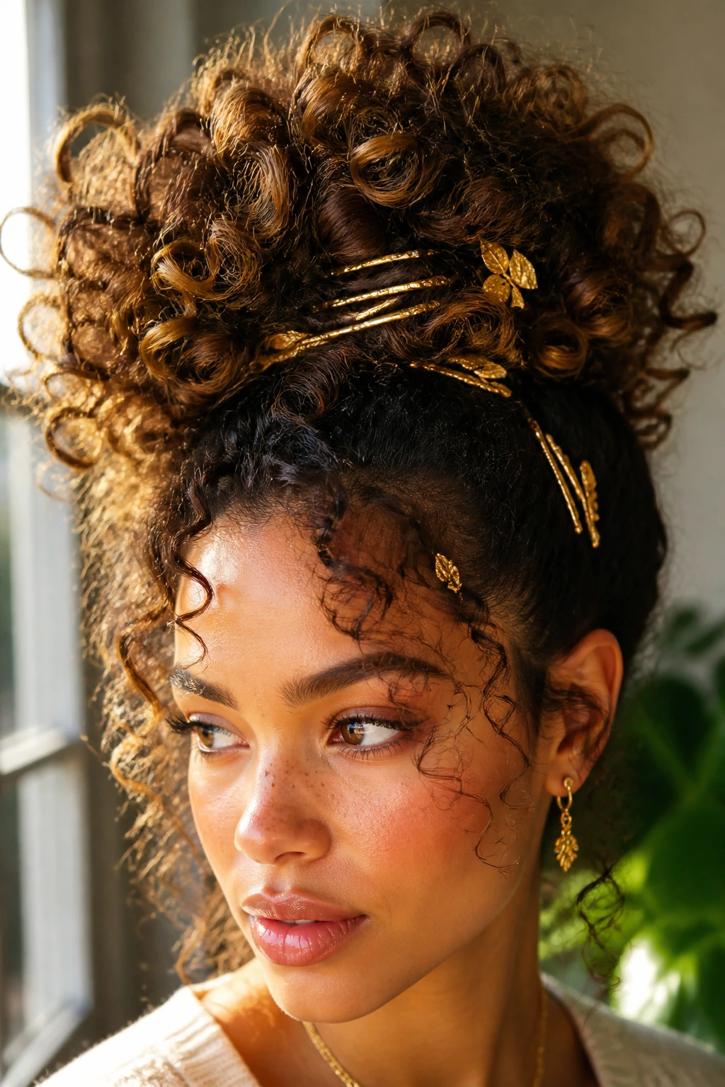 Close-up of high pineapple updo with gold accents on a real person