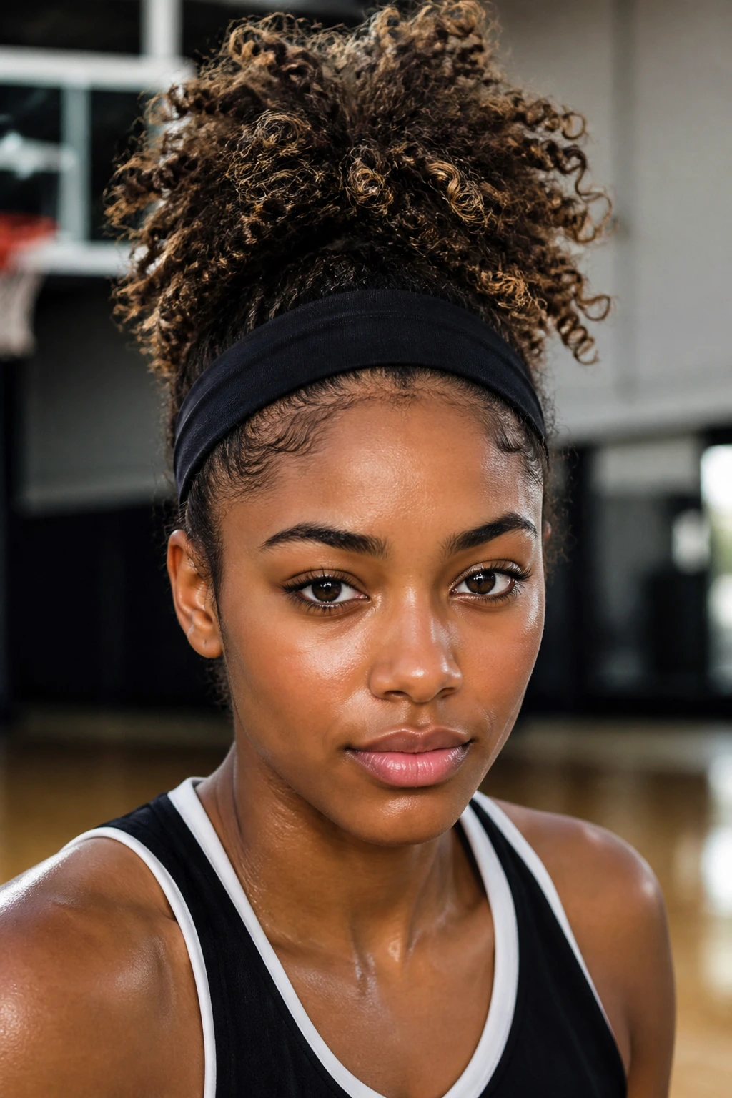 Close-up of a real student athlete with a pineapple updo and wide band.