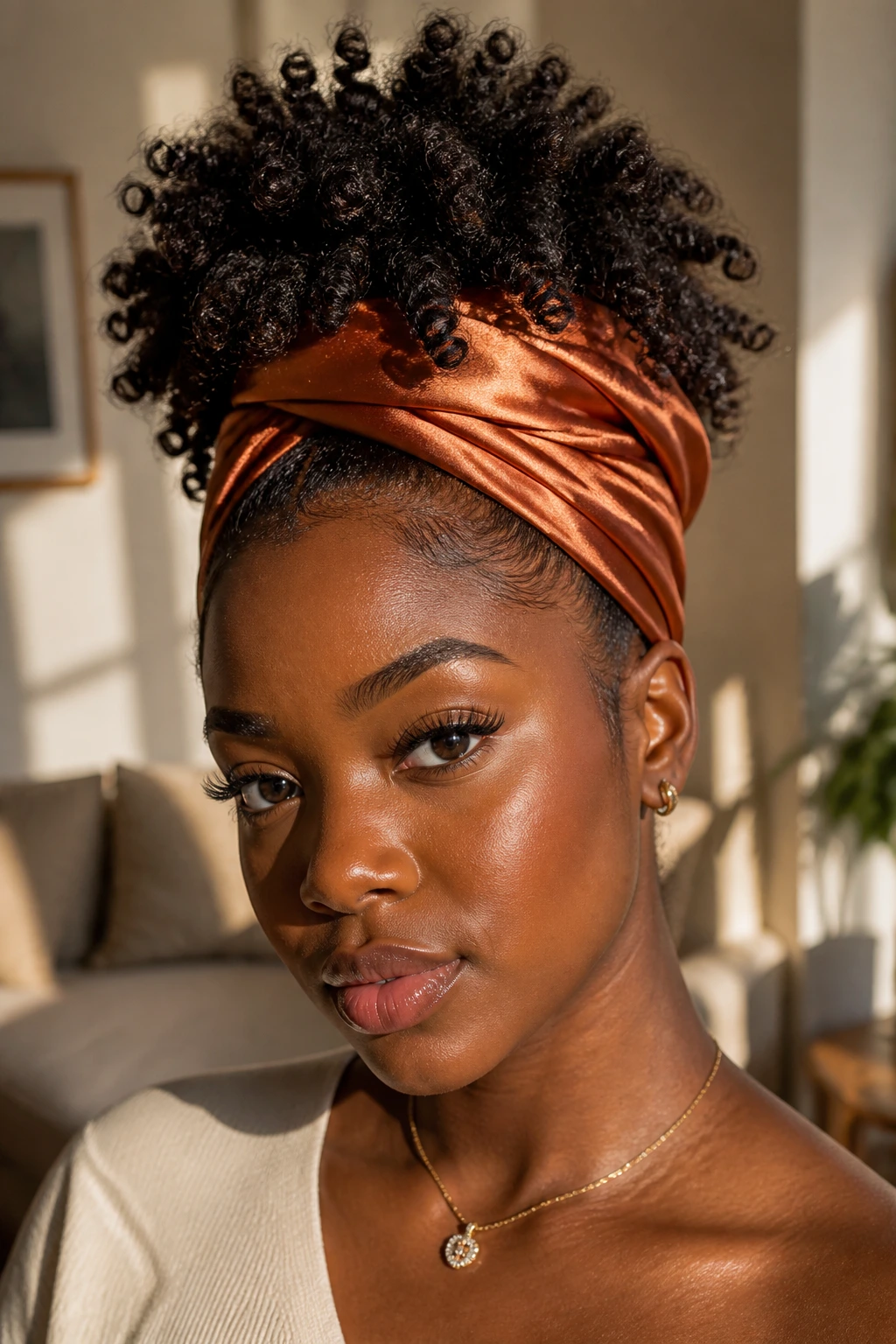 Close-up of a real woman with a high pineapple updo and satin scarf wrapped around the crown