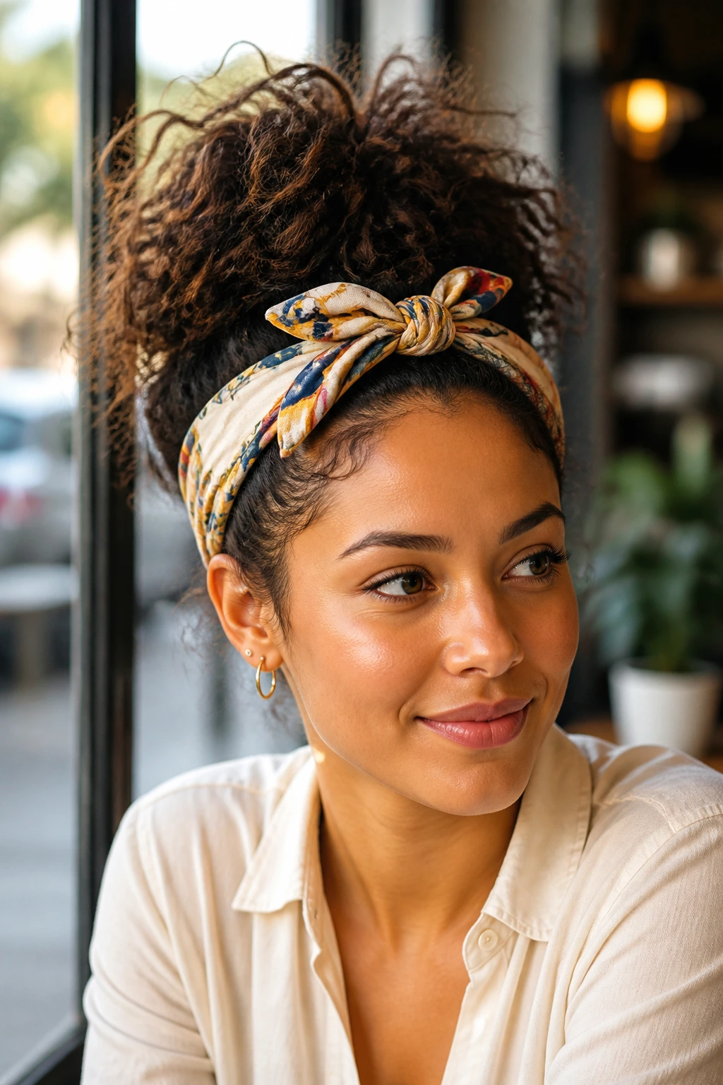 Close-up of a woman with a pineapple updo and silk scarf band