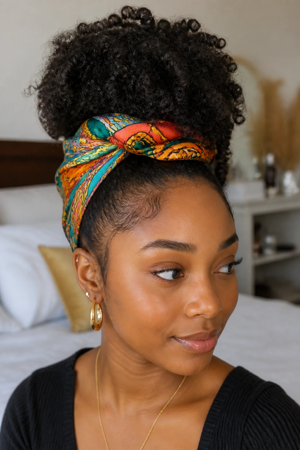 Close-up of a real person with pineapple updo and scarf