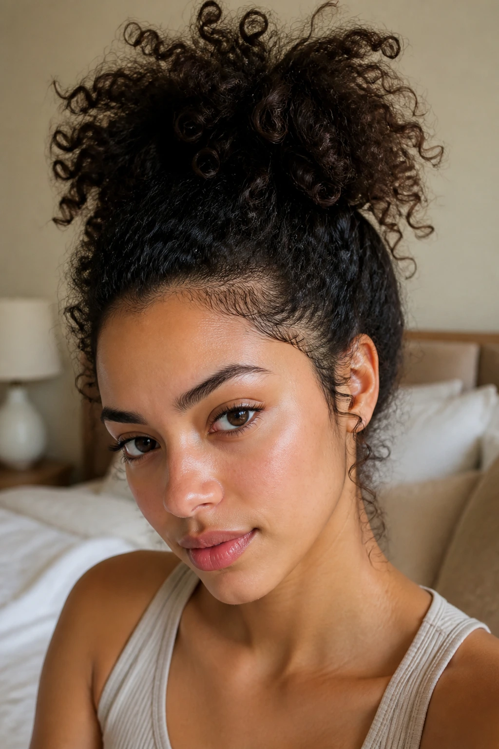 Close-up of a real woman with a loose pineapple updo on shoulder-length curls