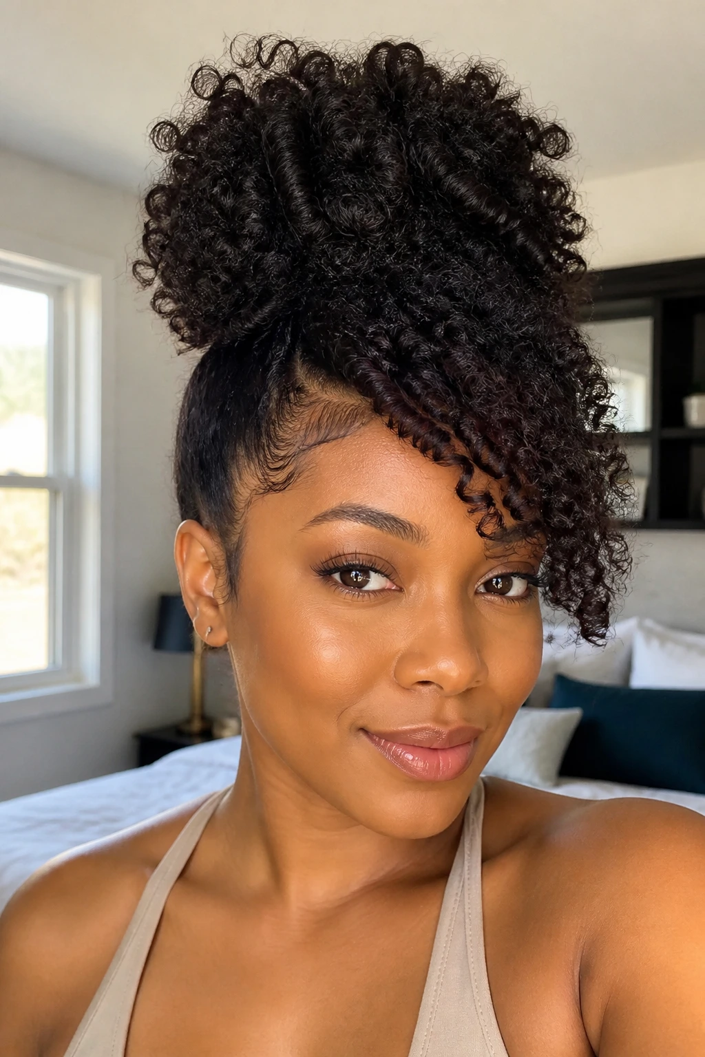 Close-up of a real woman with pineapple updo and side-swept fringe