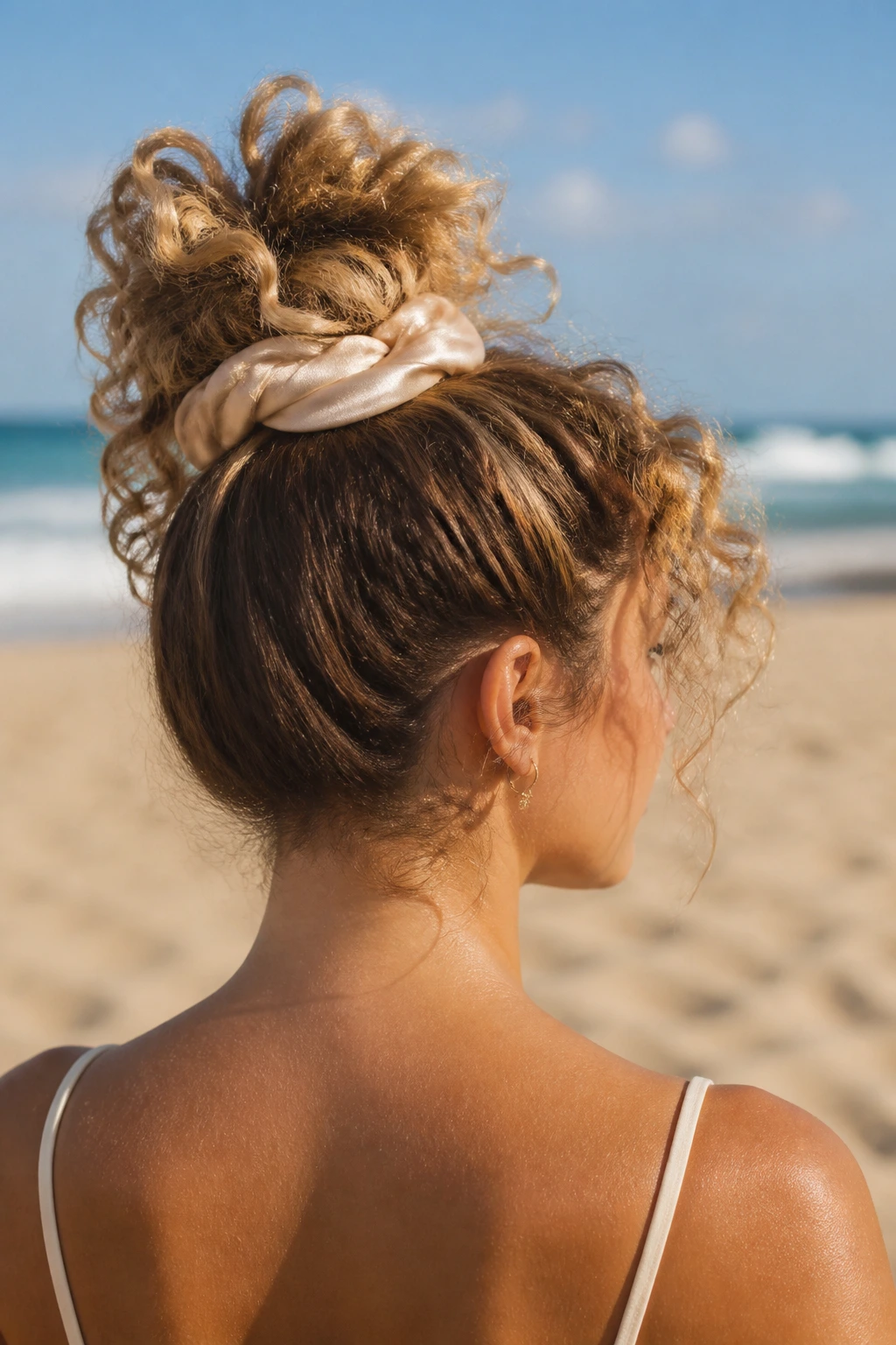 Back of head view of a woman wearing a pineapple updo with silk scrunchie at the beach