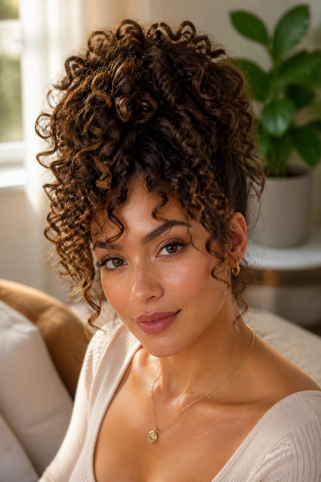 Close-up of a real woman with a high-volume pineapple updo, tendrils framing face