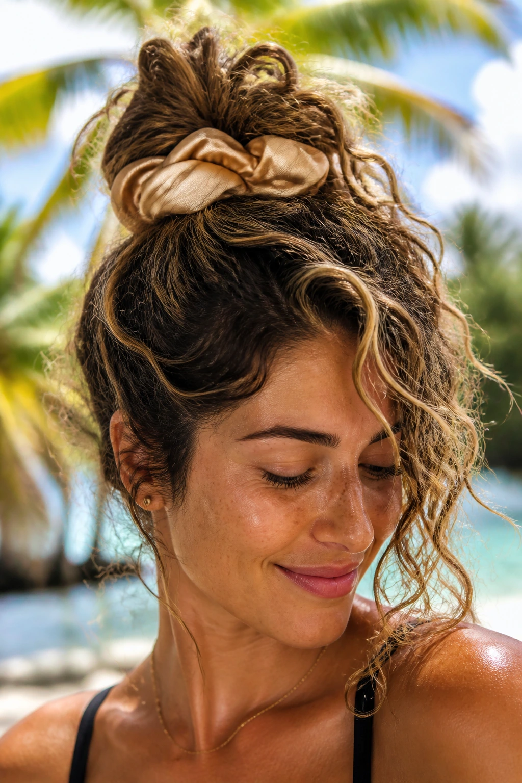 Close-up of a real woman with a pineapple updo secured by a silk scrunchie in tropical light