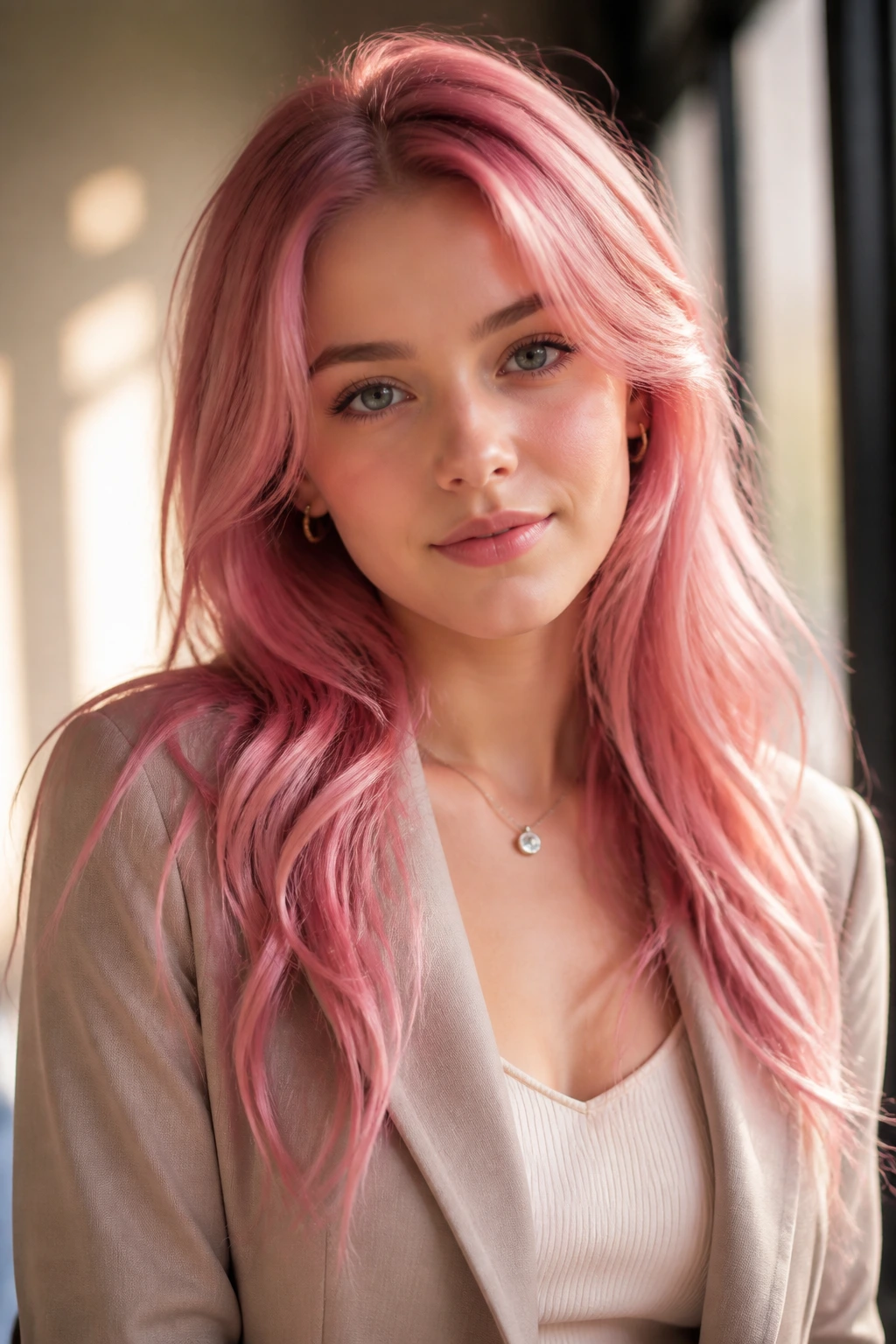 Real person with pink hair and neutral outfit in hallway
