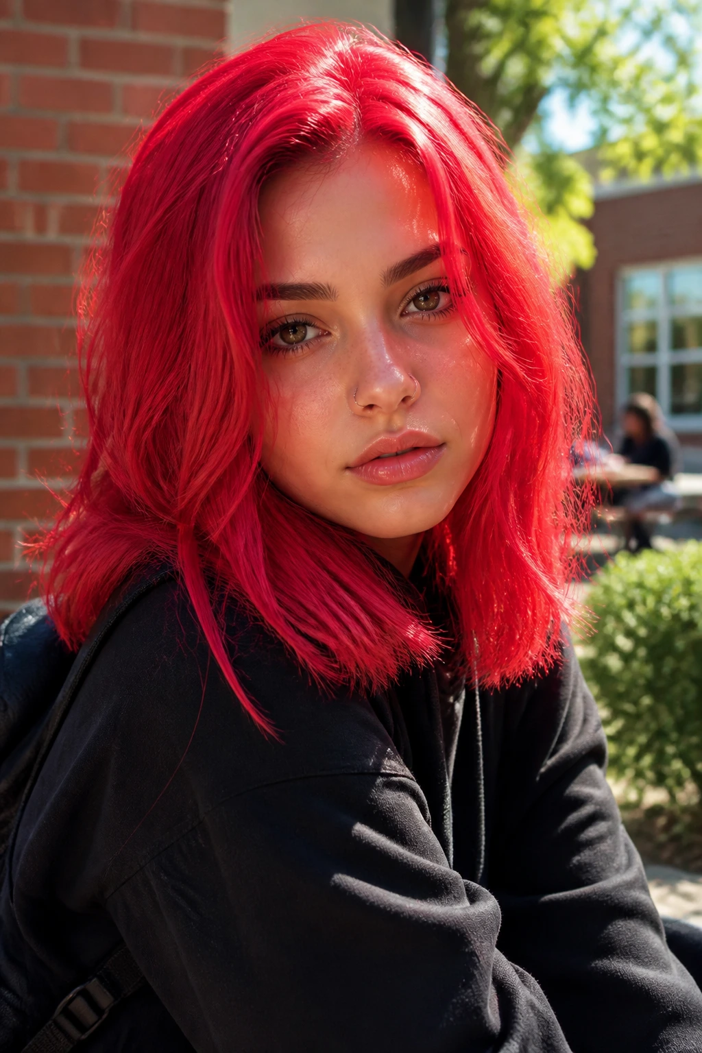 Close-up portrait of a person with fire engine pink-red hair in an urban school courtyard