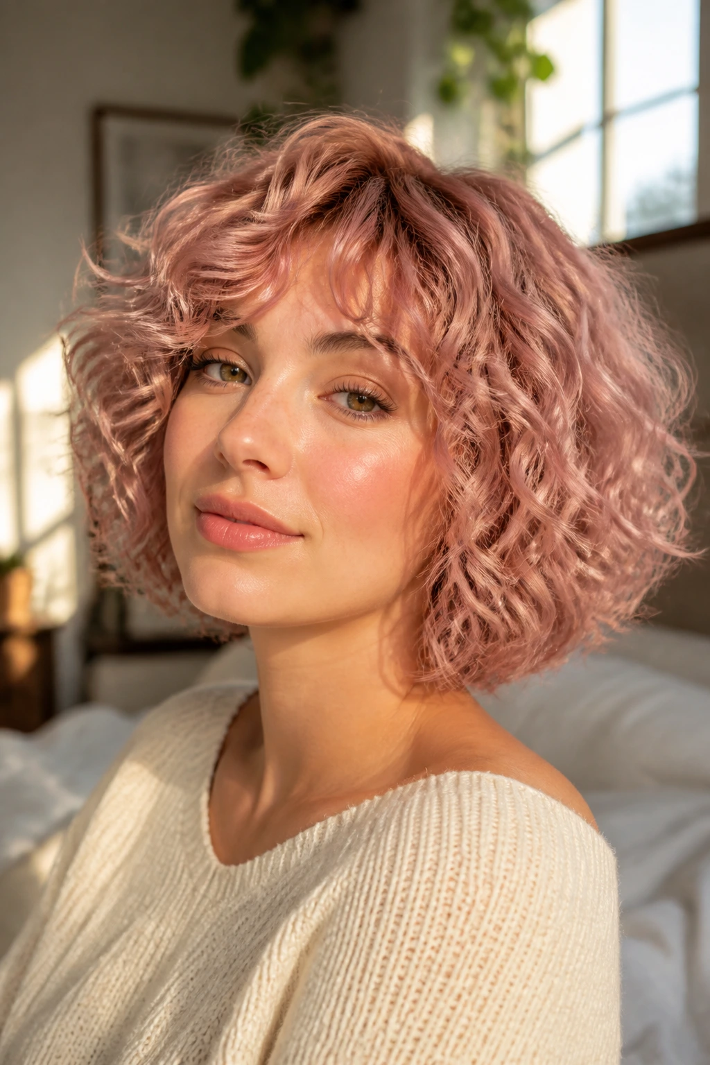 Close-up of a real woman with a curly pink-rose bob filling the frame
