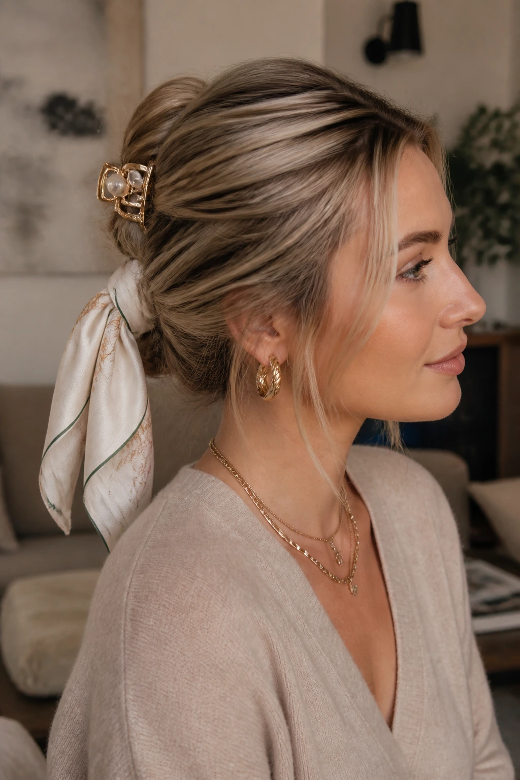 Close-up of a real woman wearing a pinned-back hairstyle with accessories