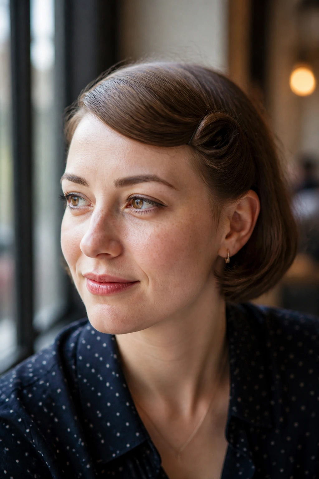 Close-up of a real person with pinned-back bobbed bangs