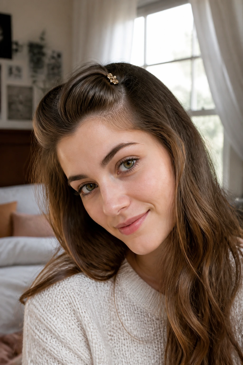 Close-up of a real woman with pinned-back bangs secured by a decorative clip in soft bedroom light