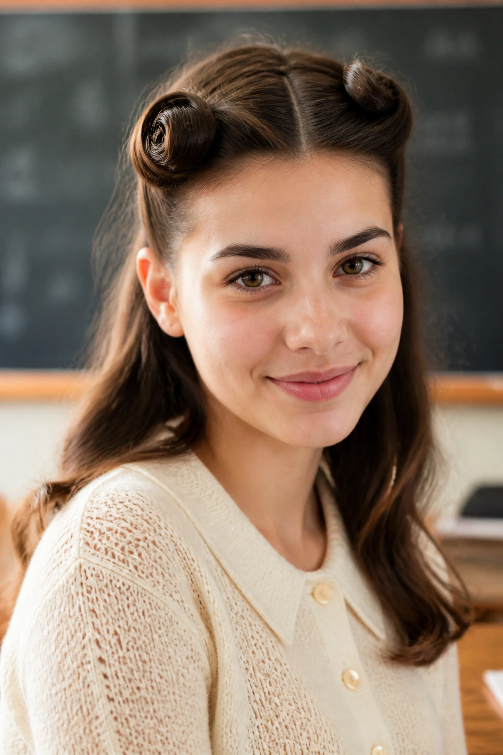 Close-up of a real student with pinned-back bangs in a classroom