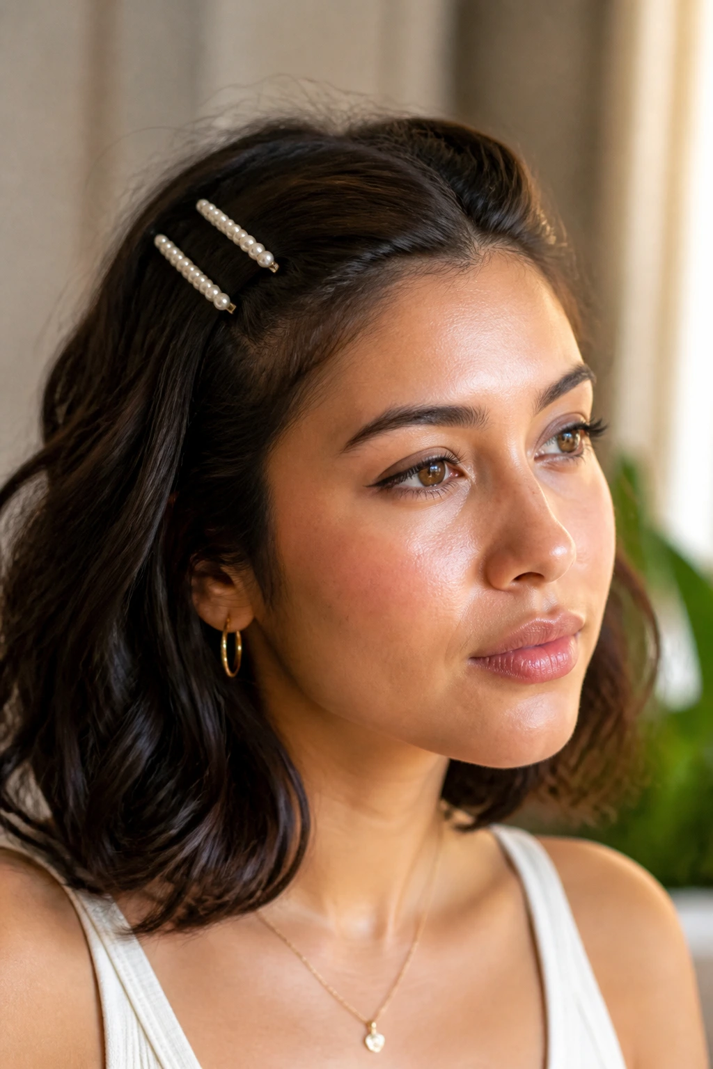 Close-up of a real woman with pinned back bangs secured by pearl bobby pins