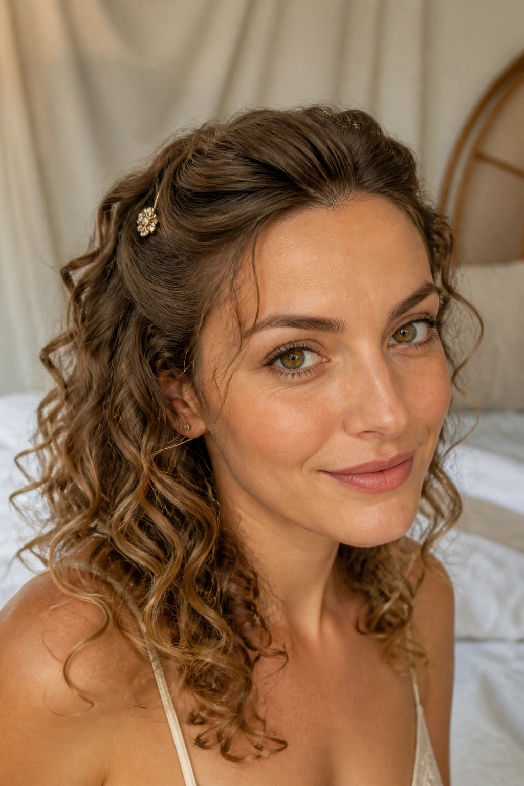Close-up portrait of a real woman with pinned-back bangs and volume in the front