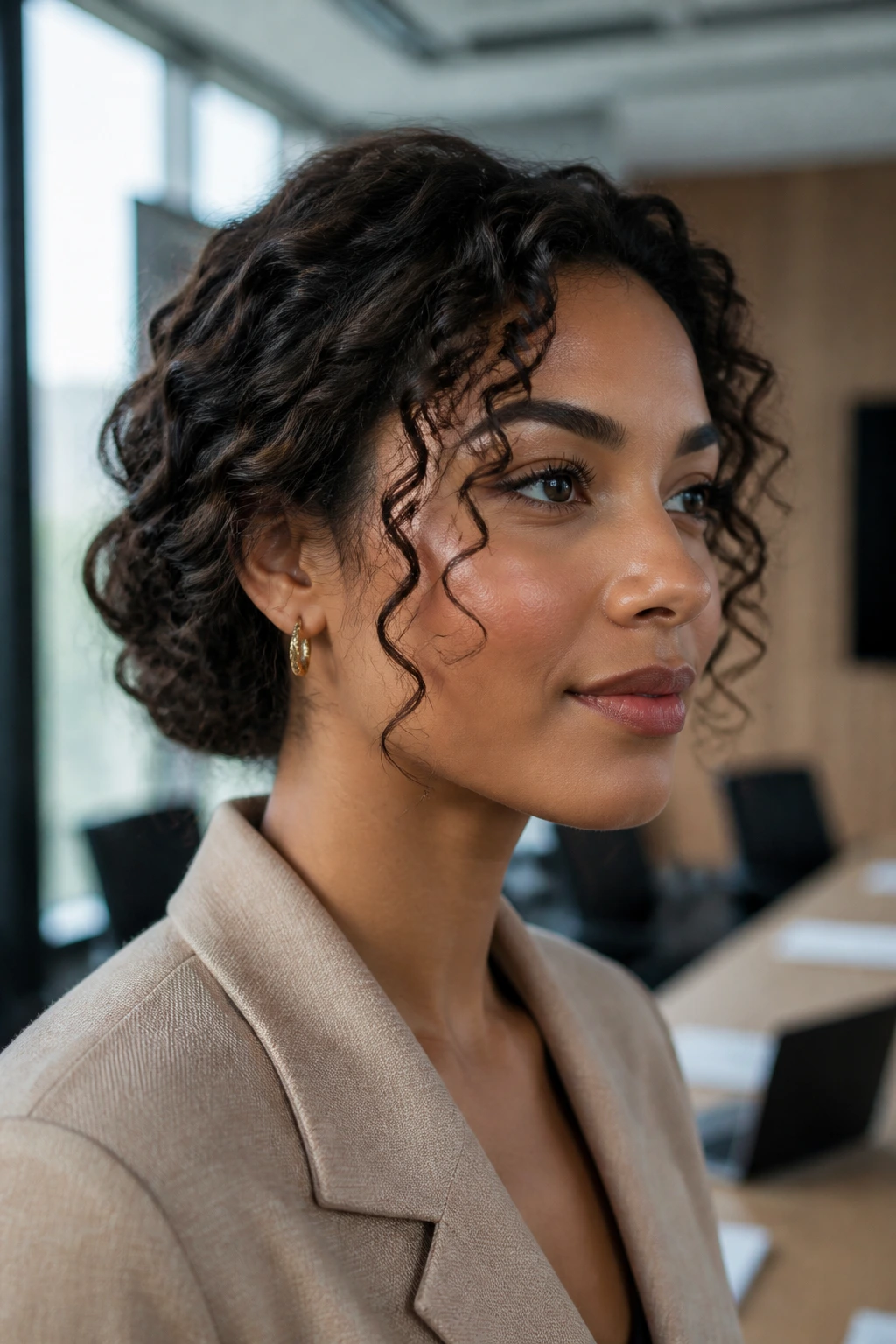Close-up of a real woman with a pinned-back curly bob in an office setting