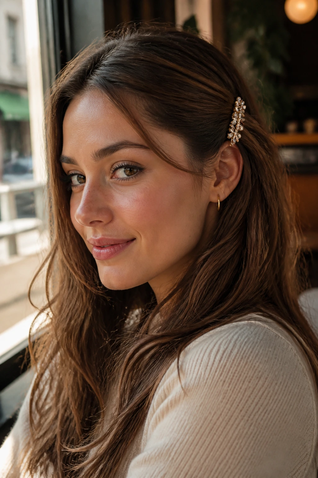 Close-up of a woman with pinned-back fringe and decorative clip