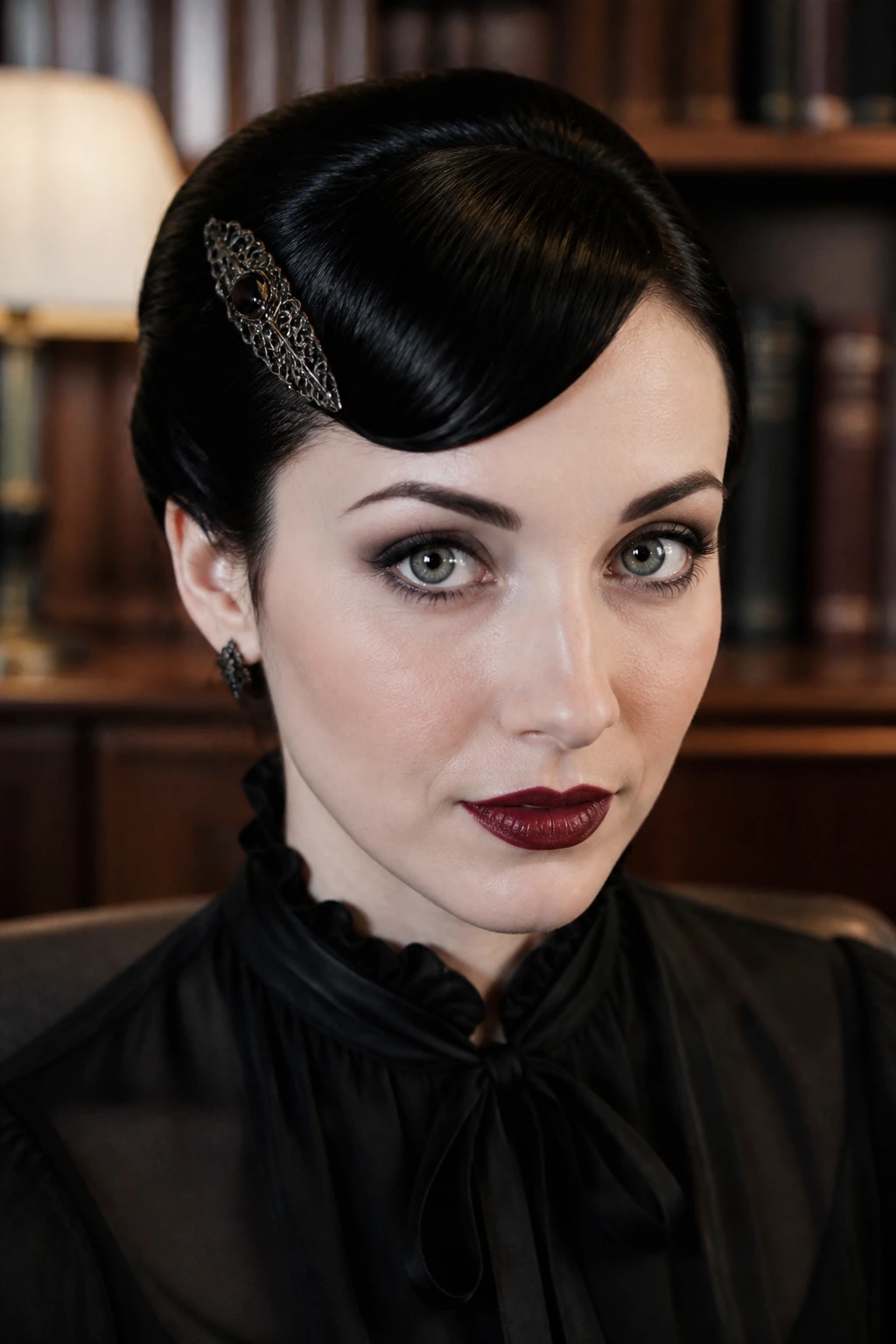 Portrait of a woman with pinned-back fringe and decorative clip.