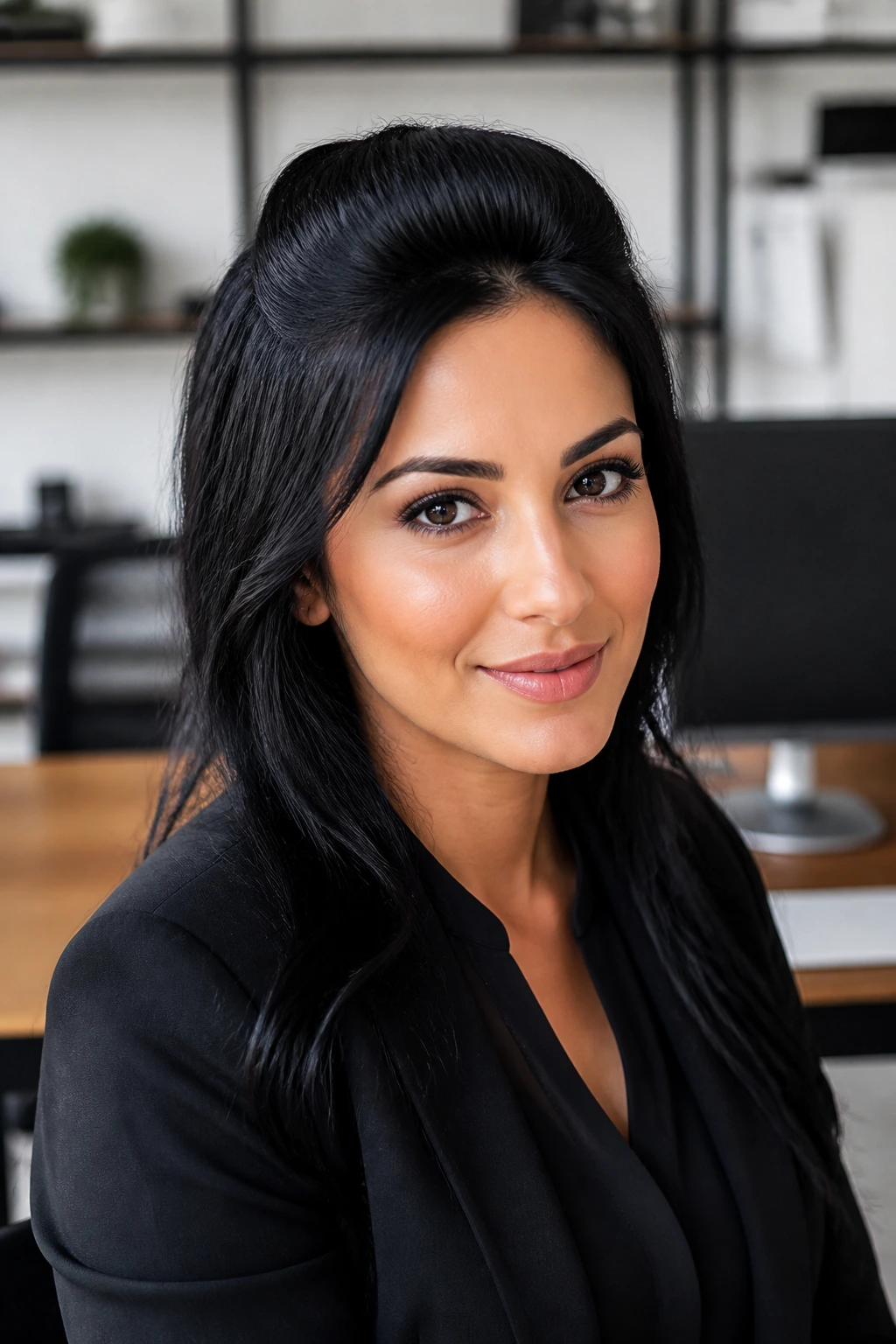 Close-up of a real woman with a pinned-back fringe in an office setting.