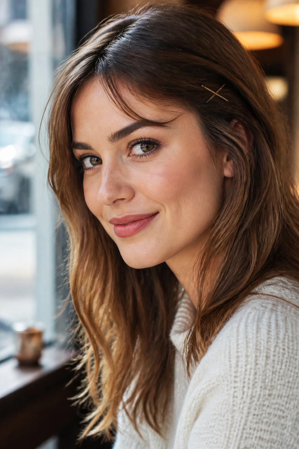 Close-up of a real person with fringe pinned back in an X shape.