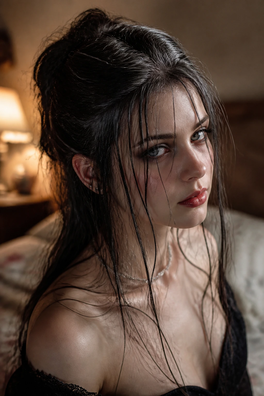 Close-up of a real woman with pinned-back hair and ghostly tendrils over shoulders.