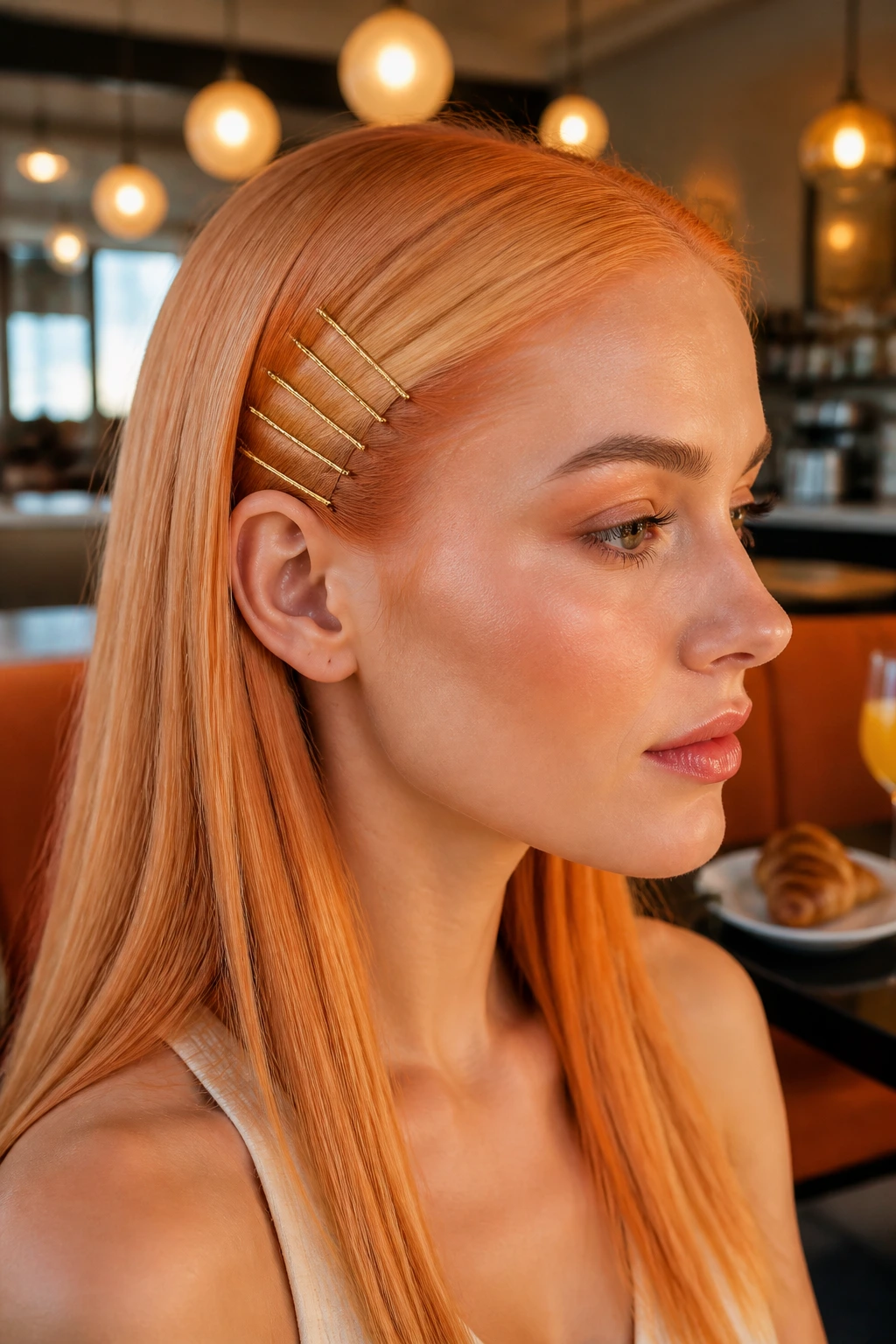 Close-up portrait of a real woman with pinned-back creamsicle hair and gold clips