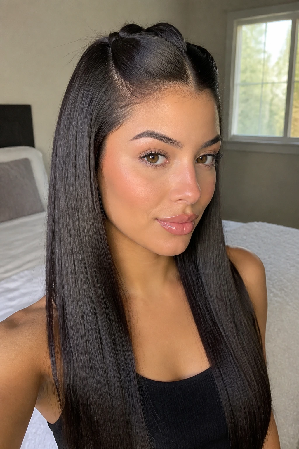 Close-up of a woman with pinned-back front sections and glossy straight hair.