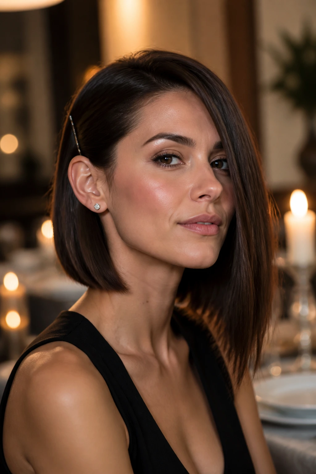 Close-up portrait of a real woman with pinned-back inverted lob hairstyle.
