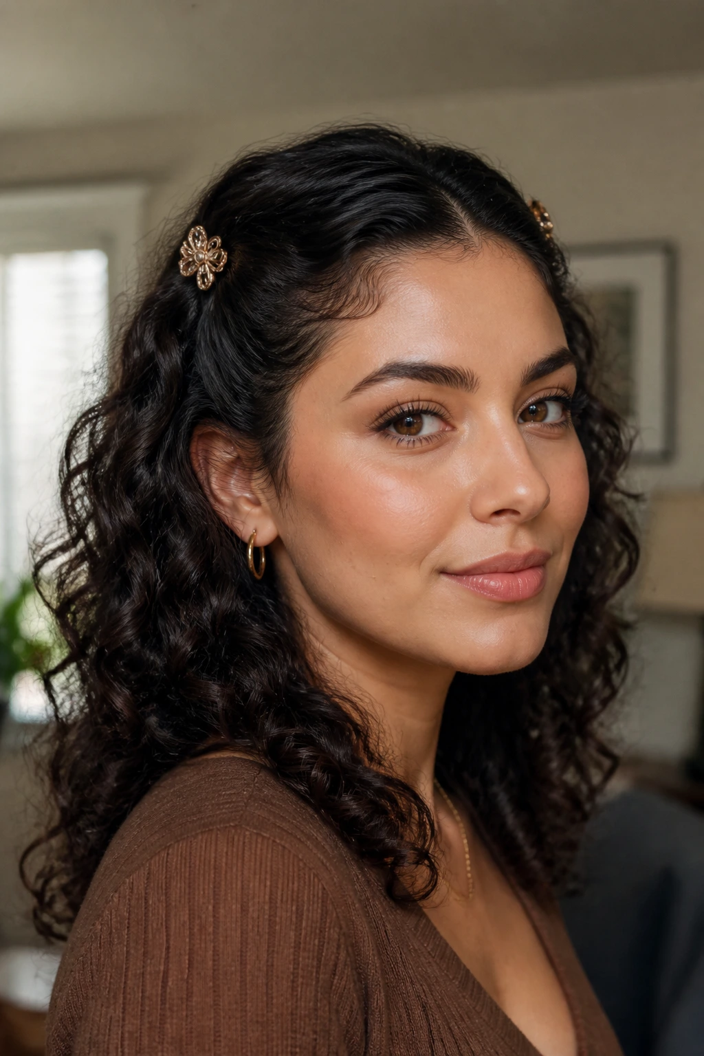 Close-up of a real woman's pinned-back natural look with two ornate pins